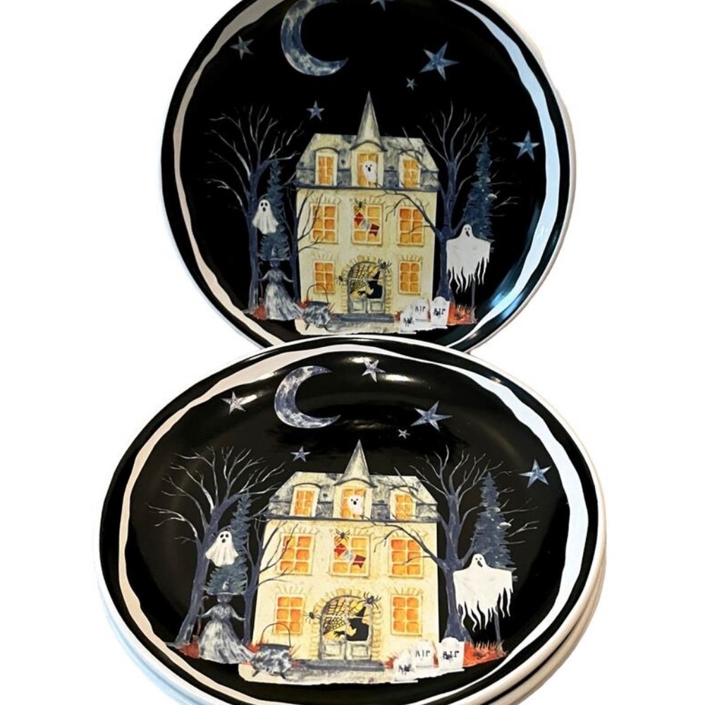 Potter's Studio Halloween HAUNTED HOUSE Salad Plates Set of 4 Witch Ghost New